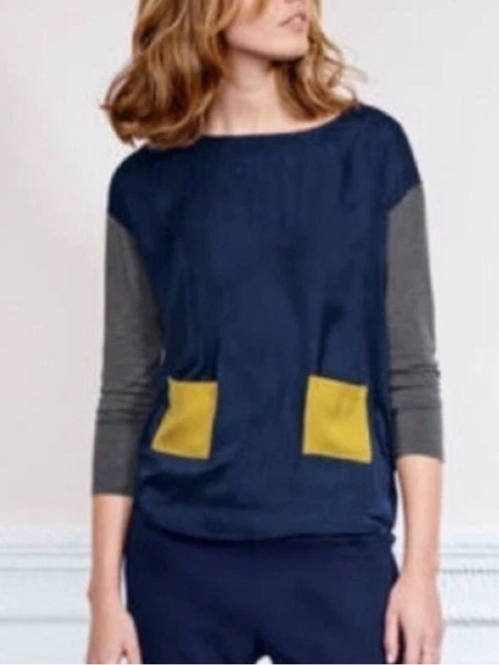 Boden Felicity Mixed Media Long Sleeve Color Block Silky Top US 16 Pockets Boho